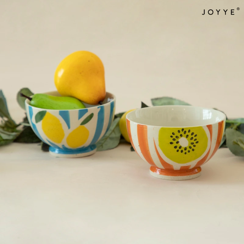 Hand-painted Fruit and Stripe Design Dinner Bowls