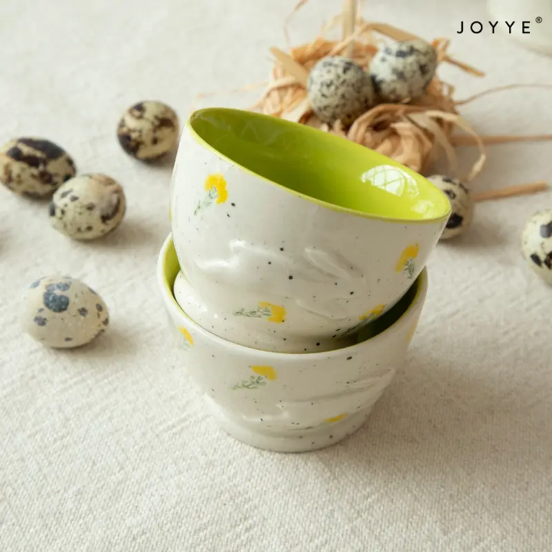 Embossed Rabbit Handpaint Flower Ceramic Bowls