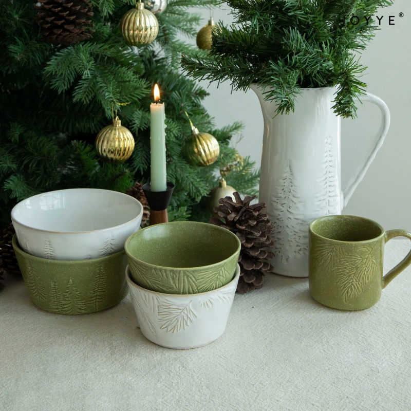 Green White Embossed Christmas Ceramic Soup Bowls