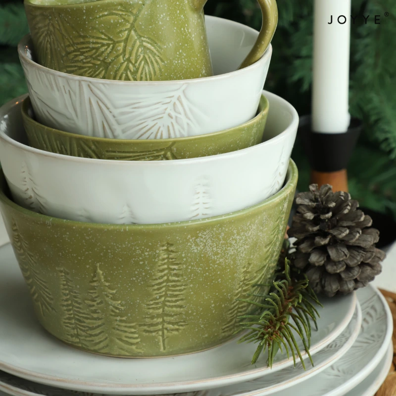 Green White Embossed Christmas Ceramic Soup Bowls