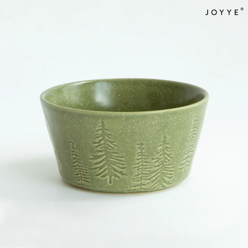 Green White Embossed Christmas Ceramic Soup Bowls
