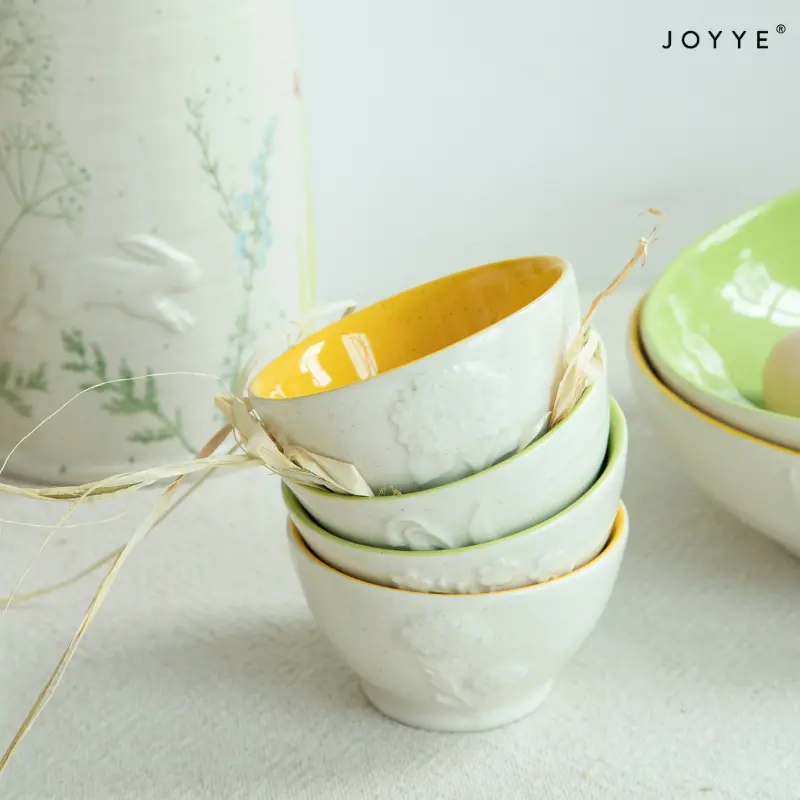 Embossed Rabbit Handpaint Flower Ceramic Bowls