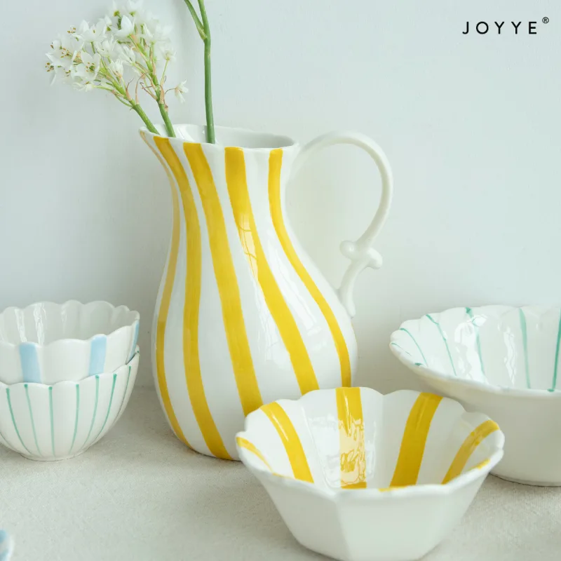 Hand-painted Embossed Stripe Floral Shape Dinner Bowls