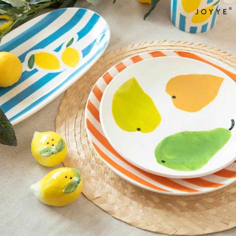 Hand-Painted Fruit Stripe Design Dinner Plate