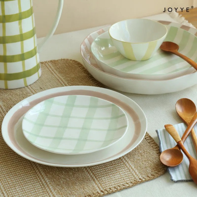 Handpainted Line and Check Ceramic Plates