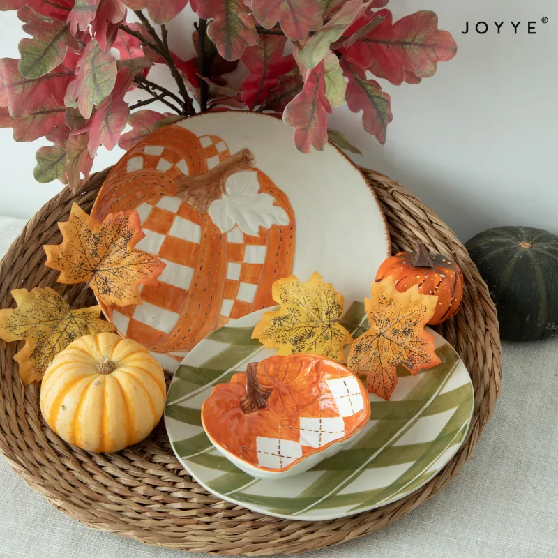 Hand-painted Embossed Orange Pumpkin Dinner Plates