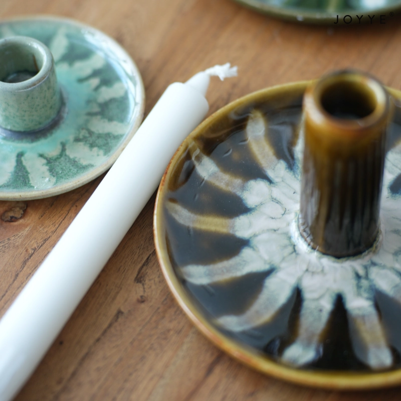 OEM Vintage Dark Green Reactive Glaze Candle Holders